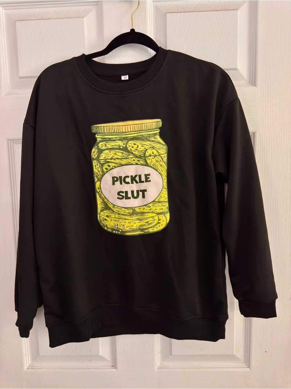 Pickle Sl*t! Black Graphic Sweatshirt with Yellow Pickle Jar Print - Medium